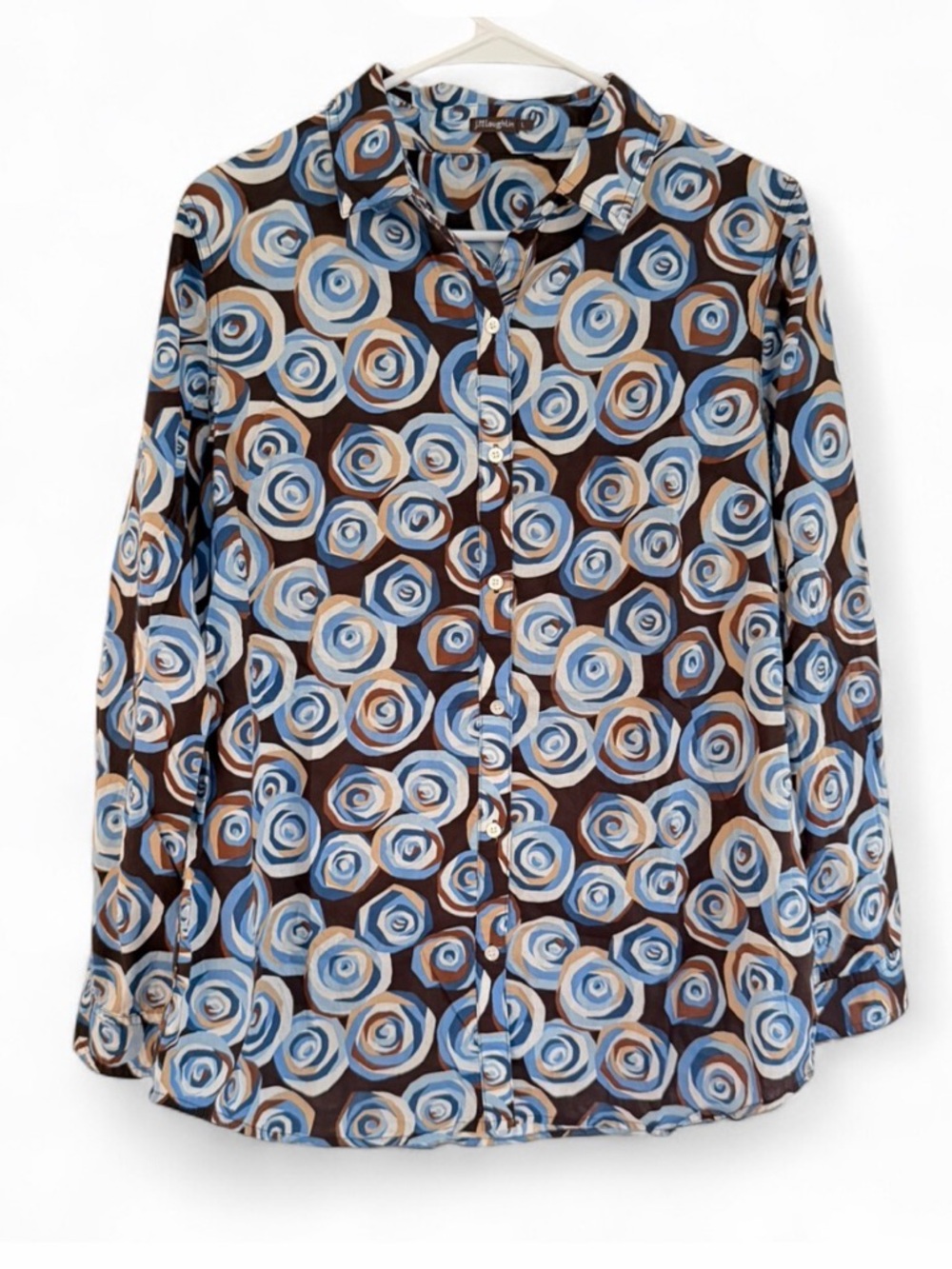 J. McLaughlin Womens Lois Blouse Button Down Shirt L Blue Brown Geometric Swirl